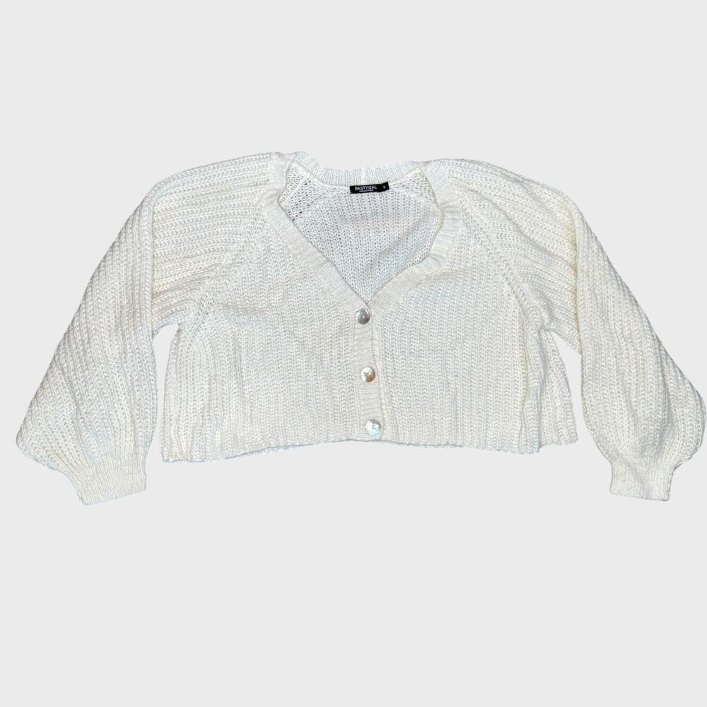 Nasty Gal Cropped Knit Sweater Small White Balloon Sleeve Button Up Slouchy Fit